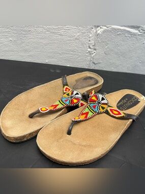 Matisse Tan Suede Beaded Thong Sandals with Multicolor Beadwork